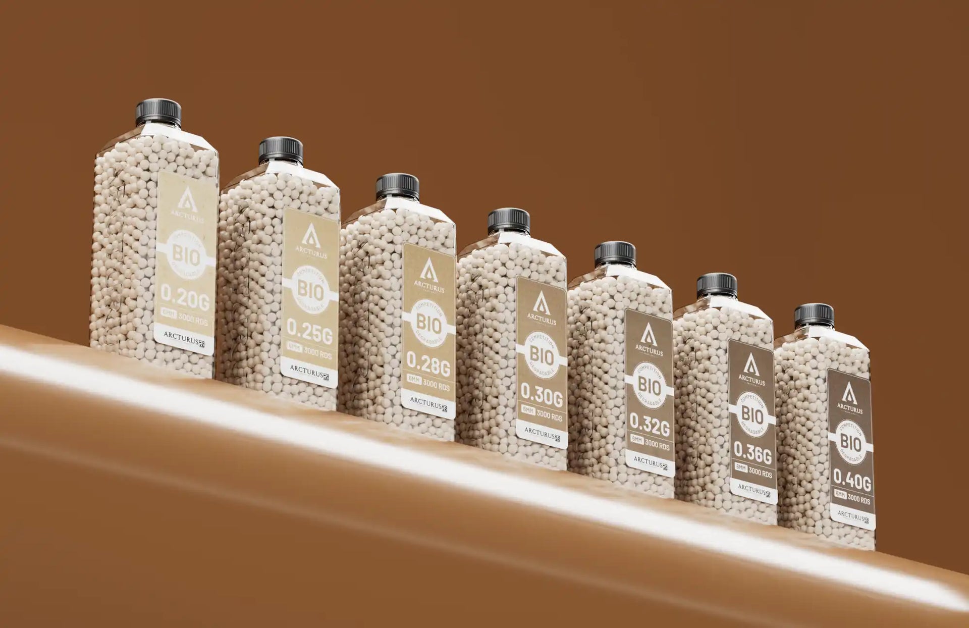 A series of clear rectangular bottles filled with small, light-colored pellets, labeled with different weights from 0.20G to 0.40G.