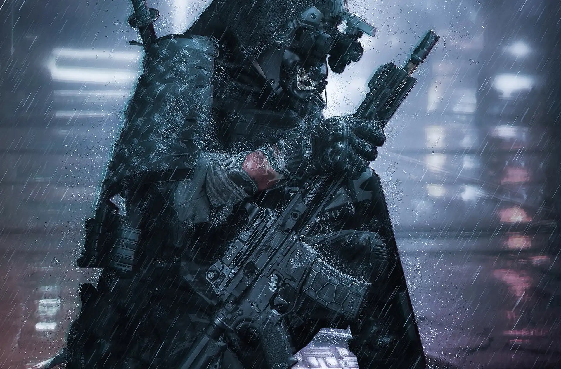 Tactical soldier in dark, wet gear with a rifle and night vision goggles.