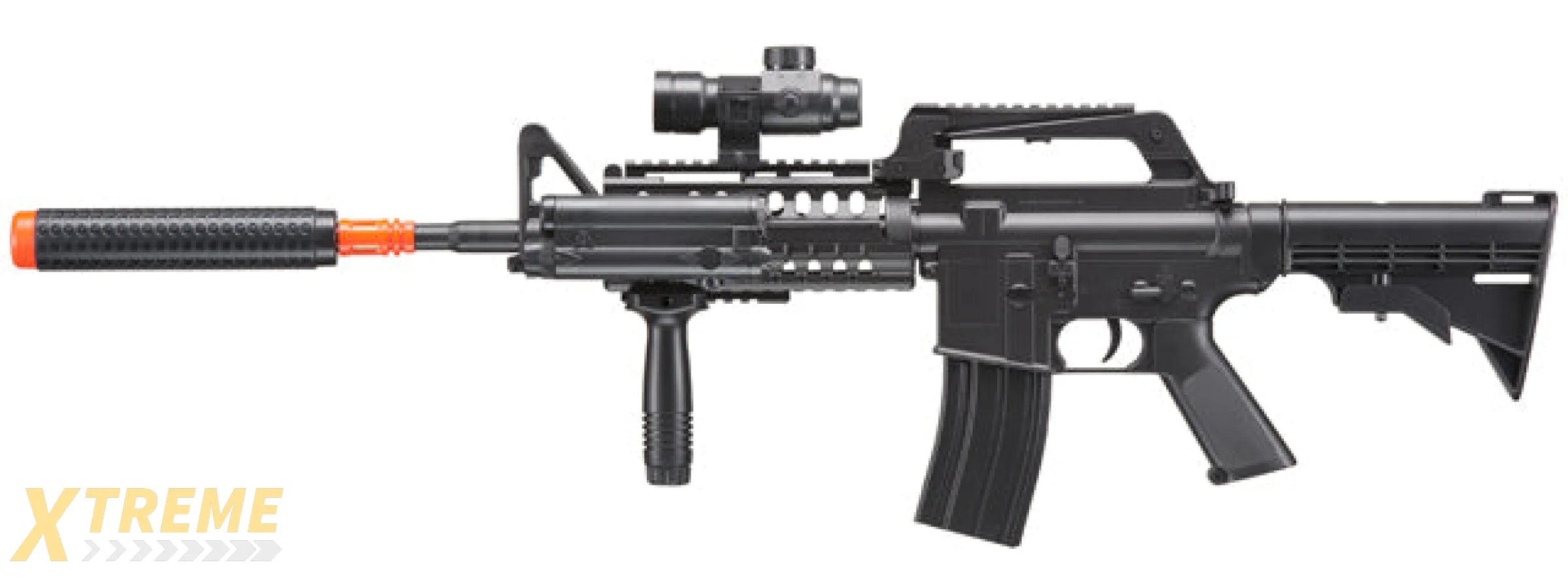 WELL M4 Airsoft Spring Rifle w/ Scope, Grip, Laser, Extension - Black