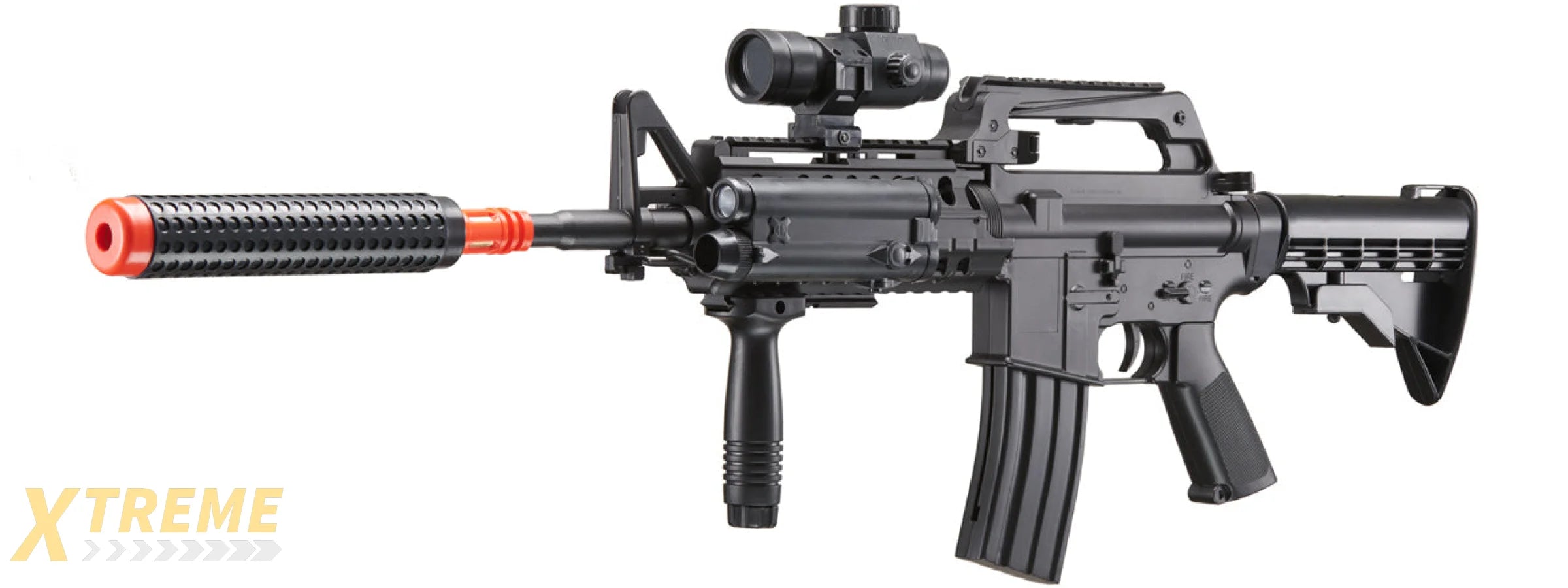 WELL M4 Airsoft Spring Rifle w/ Scope, Grip, Laser, Extension - Black