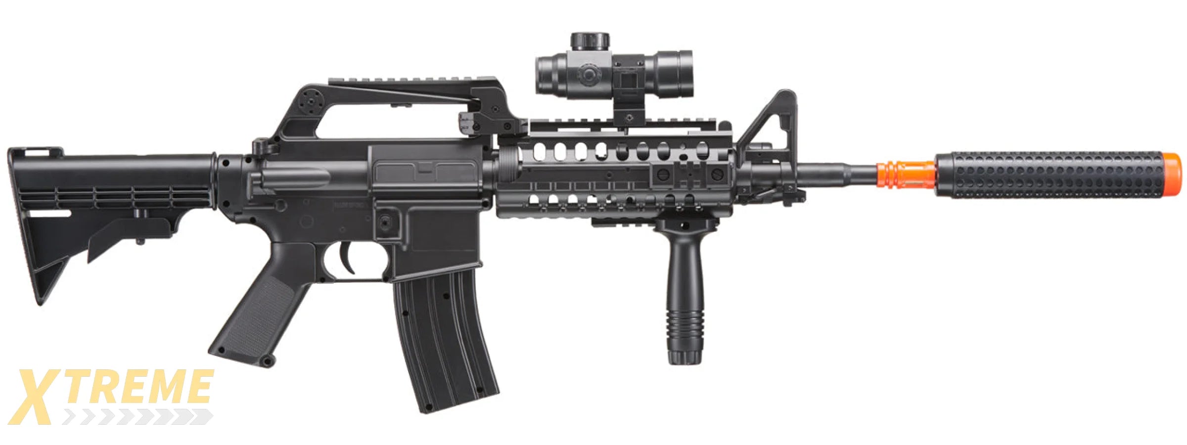 WELL M4 Airsoft Spring Rifle w/ Scope, Grip, Laser, Extension - Black