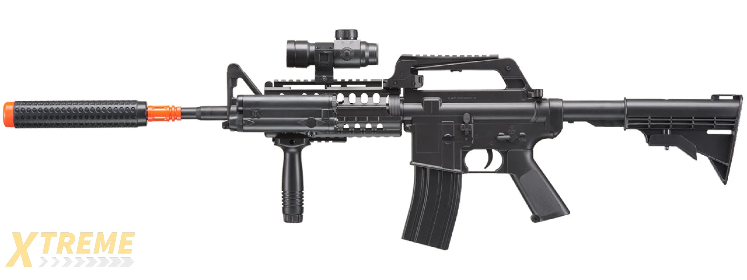 WELL M4 Airsoft Spring Rifle w/ Scope, Grip, Laser, Extension - Black