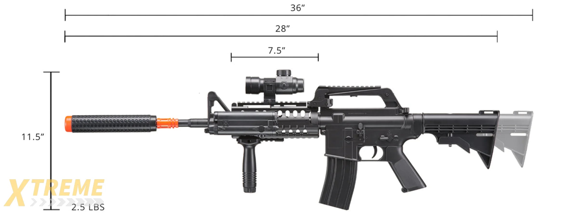 WELL M4 Airsoft Spring Rifle w/ Scope, Grip, Laser, Extension - Black