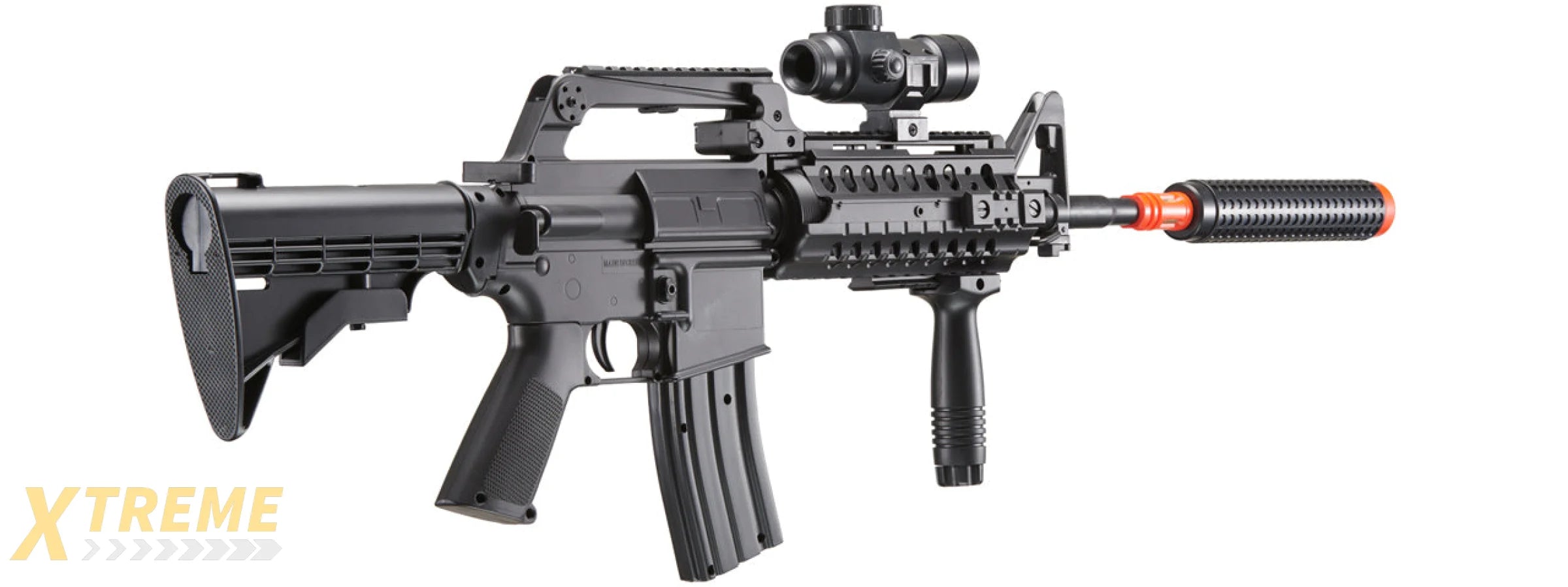 WELL M4 Airsoft Spring Rifle w/ Scope, Grip, Laser, Extension - Black